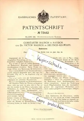 Original Patent -Dr. V. Malisch in Deutsch - Krawarn / Kravare ve Slezsku ,1893, Badewanne ,  Deutsch-Krawarn , Ratibor