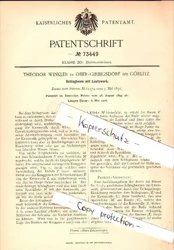 Original Patent - Theodor Winkler in Ober Girbigsdorf b. Schöpstal , 1893, Schlagbaum mit Läutewerk , Schranke , Görlitz