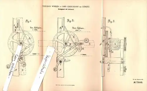 Original Patent - Theodor Winkler in Ober Girbigsdorf b. Schöpstal , 1893, Schlagbaum mit Läutewerk , Schranke , Görlitz