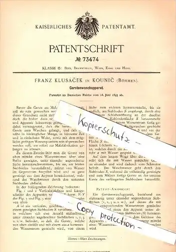 Original Patent - Franz Klusácek in Kounice / Kaunitz , 1893 , Waschapparat für Gerste , Agrar   !!!
