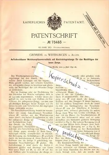 Original Patent - Grimsehl in Weferlingen a. Aller , 1892 , Weiche - Verschluß , Eisenbahn , Oebisfelde-Weferlingen !!!