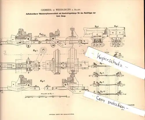 Original Patent - Grimsehl in Weferlingen a. Aller , 1892 , Weiche - Verschluß , Eisenbahn , Oebisfelde-Weferlingen !!!