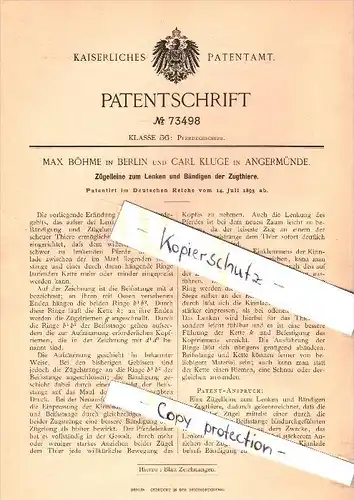 Original Patent - Carl Kluge in Angermünde , 1893 , Lenken und Bändigen von  Zugtieren , Max Böhme in Berlin !!!