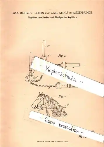 Original Patent - Carl Kluge in Angermünde , 1893 , Lenken und Bändigen von  Zugtieren , Max Böhme in Berlin !!!