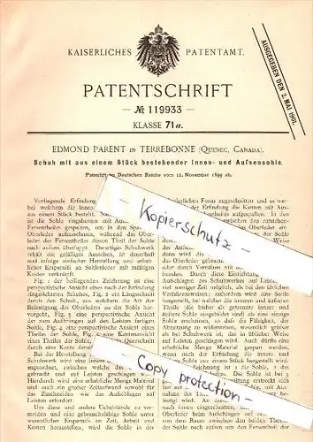 Original Patent - Edmond Parent in Terrebonne , Quebec , Canada , 1899 , Shoe with indoor and outdoor sole !!!