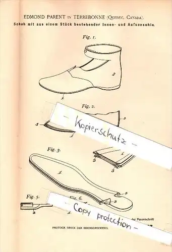 Original Patent - Edmond Parent in Terrebonne , Quebec , Canada , 1899 , Shoe with indoor and outdoor sole !!!