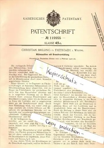 Original Patent - Christian Brilling in Freystadt i. Westpreußen / Kisielice ,1900, Mähmaschine , Landwirtschaft , Agrar