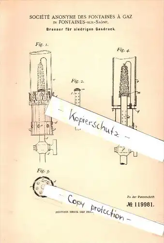 Original Patent - Société Anonyme des Fontaines a Gaz à Fontaines sur Saone , 1900, Brûleurs pour basse pression de gaz