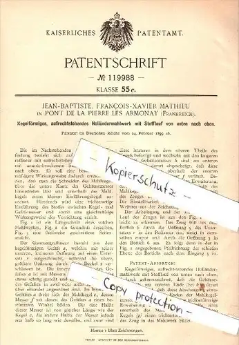 Original Patent - F. Mathieu à Pont de la Pierre , Boulieu Les Annonay  , 1899 , broyeur conique , moulin !!!