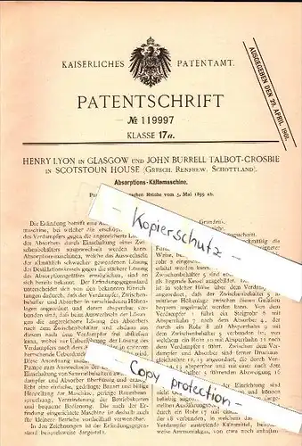 Original Patent - J. Talbot-Crosbie in Scotstoun House , Glasgow , 1899 , Absorption chiller , Scotland !!!