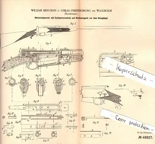 Original Patent - William Bergman in Oskar - Fredriksborg b. Vaxholm , 1888 , Gewehr mit Kastenmagazin , Schweden !!!