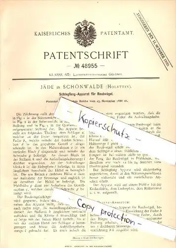 Original Patent - Jade in Schönwalde am Bungsberg , 1888 , Fangapparat für Raubvögel , Vögel , Vogel , Holstein !!!