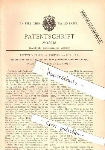 Original Patent - Leopold Taskin in Jemeppes sur Meuse b. Lüttich , 1889 , Geschütz - Verschuß , Kanone , Waffe !!!