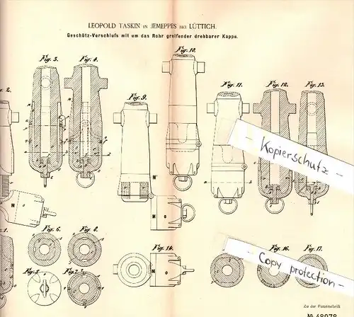 Original Patent - Leopold Taskin in Jemeppes sur Meuse b. Lüttich , 1889 , Geschütz - Verschuß , Kanone , Waffe !!!