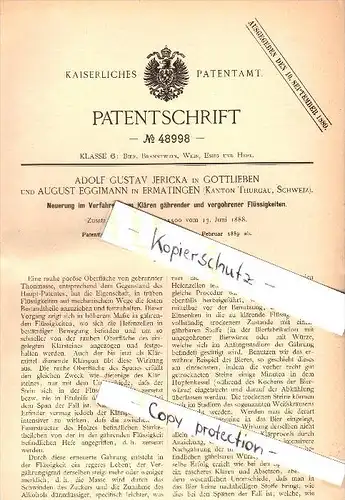 Original Patent -A. Jericka in Gottlieben und A. Eggimann in Ermatingen ,1889 , Brauerei , Bier , Thurgau , Schweiz !!!