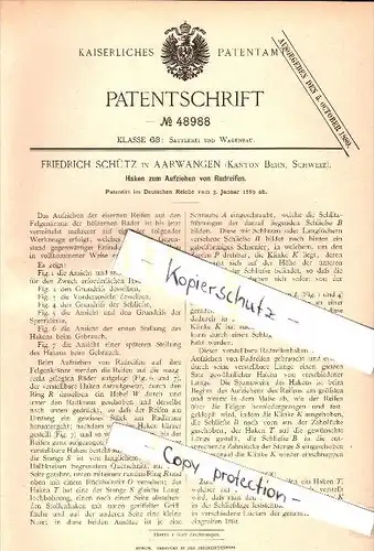 Original Patent - Friedrich Schütz in Aarwangen ,1889, Werkzeug zur Reifenmontage , Reifen , Wagenbau , Werkstatt , Bern