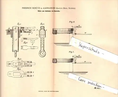 Original Patent - Friedrich Schütz in Aarwangen ,1889, Werkzeug zur Reifenmontage , Reifen , Wagenbau , Werkstatt , Bern