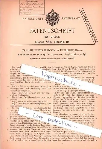 Original Patent - Carl Henning Hansen in Hellerup, Dänem , 1905 , Sicherung für Gewehre , Gentofte Kommune !!!
