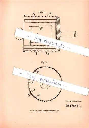 Original Patent - Martin Köhler in Crimmitschau , 1906 , Trommel für Reibmaschinen !!!