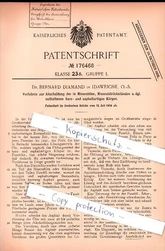 Original Patent - Dr. Bernhard Diamand in Idaweiche / Ligota , O.-S. , 1904 , Abscheidung von asphaltartigen Körpern!!!