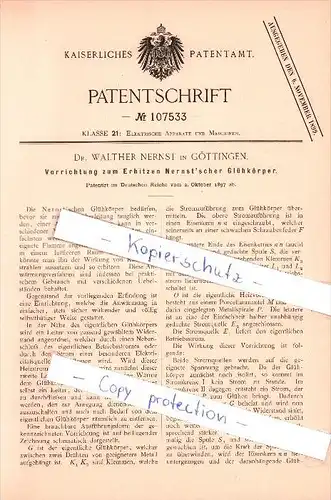 Original Patent - Dr. Walther Nernst in Göttingen , 1897 , Vorrichtung zum Erhitzen Nernst` scher Glühkörper !!!