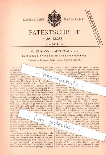 Original Patent - Kühn & Co. in Auerswalde i. S. , 1901 ,  Leitspindeldrehbank mit Fräsvorrichtung , Lichtenau !!!