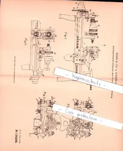 Original Patent - Kühn & Co. in Auerswalde i. S. , 1901 ,  Leitspindeldrehbank mit Fräsvorrichtung , Lichtenau !!!