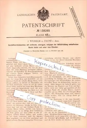 Original Patent - J. Wilhelm in Frose i. Anh. , 1901 ,  Kartoffelerntemaschine , Landwirtschaft , Agrar !!!