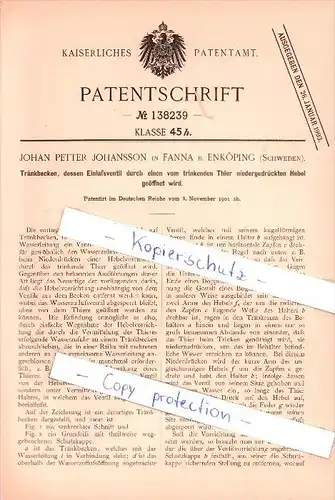 Original Patent - Johan Petter Johansson in Fanna b. Enköping , 1901 , Tränkbecken für Tiere , Schweden !!!