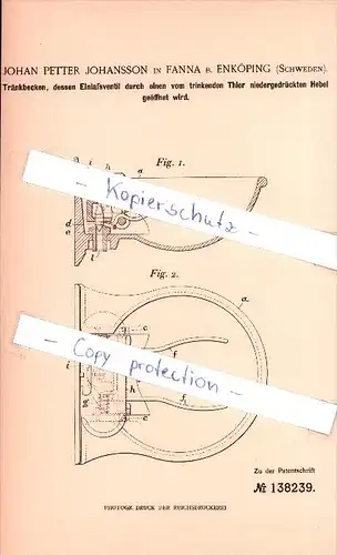 Original Patent - Johan Petter Johansson in Fanna b. Enköping , 1901 , Tränkbecken für Tiere , Schweden !!!