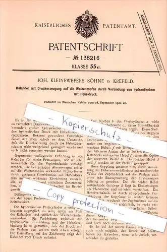 Original Patent - Joh. Kleinewefers Söhne in Krefeld , 1900 , Kalander mit Druckerzeugung !!!