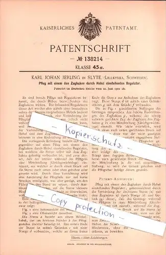 Original Patent - Karl Jerling in Slyte Lillkyrka , 1901 , Pflug mit Regulator , Agrar , Schweden !!!