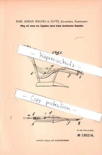 Original Patent - Karl Jerling in Slyte Lillkyrka , 1901 , Pflug mit Regulator , Agrar , Schweden !!!