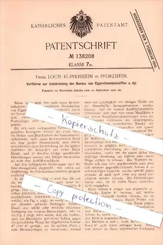 Original Patent - Louis Kuppenheim in Pforzheim , 1901 , Umbördelung von Cigaretten - Etuishälften , Zigaretten !!!