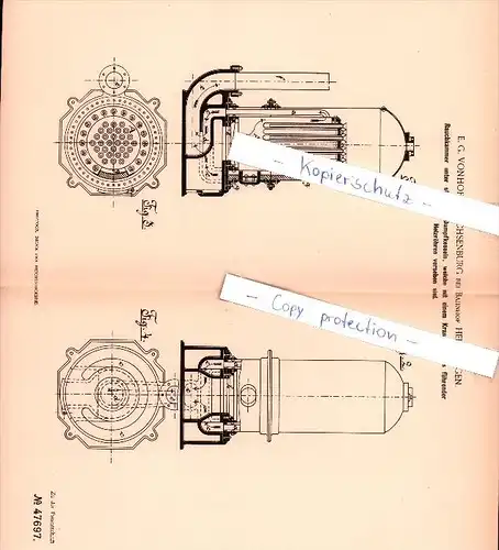 Original Patent -E.G. Vonhof in Sachsenburg / Oldisleben , 1888 , Dampfkessel , Dampfmaschine , Bahnhof Heldrungen !!!