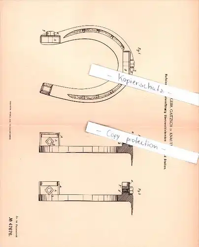 Original Patent - Firma Gebr. Gaitzsch in Knauthain / Leipzig  , 1888 , Hufeisen , Landwirtschaft , Pferde !!!