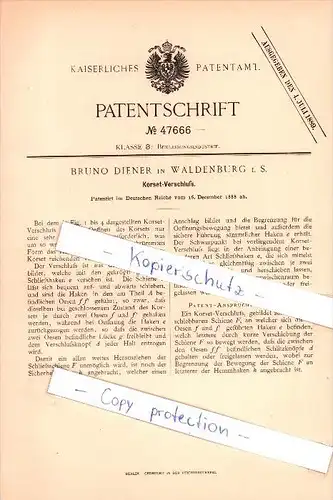 Original Patent - Bruno Diener in Waldenburg i. S. , 1888 , Korsett - Verschluß , corset !!!