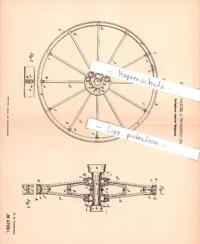 Original Patent - Johann Zajicek in Prossnitz / Prostejov , Mähren , 1888 ,  zerlegbares Wagenrad !!!