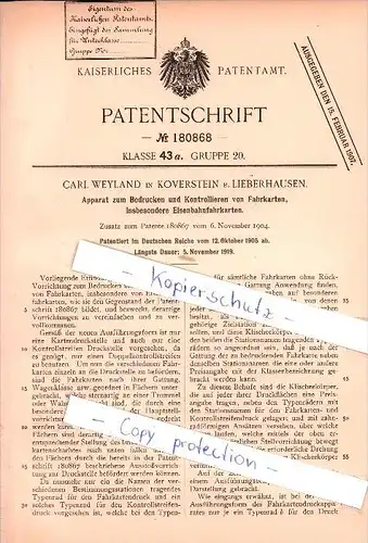 Original Patent - Carl Weyland in Koverstein b. Lieberhausen , 1904 , Fahrkarten - Kontrollapparat , Gummersbach !!!