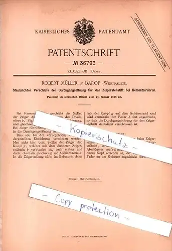 Original Patent - Robert Müller in Barop b. Dortmund , Westfalen , 1886 , Uhren , Uhrmacher !!!
