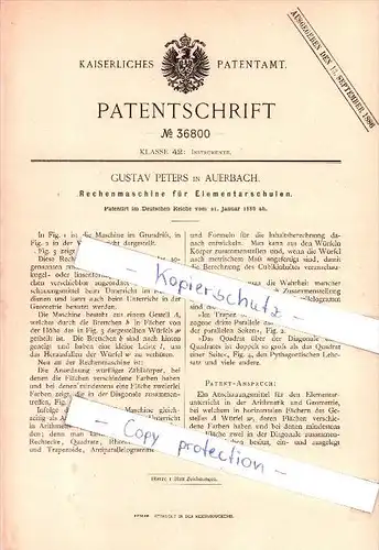 Original Patent - Gustav Peters in Auerbach , 1886 , Rechenmaschine für Elementarschulen , Schule , Unterricht !!!