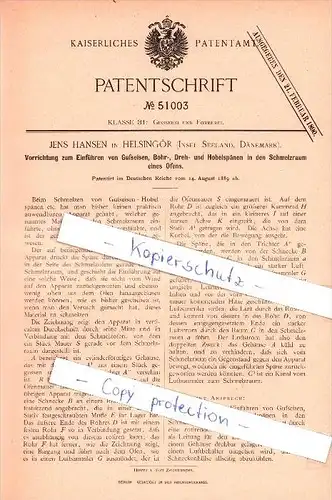 Original Patent - Jens Hansen in Helsingör , Insel Seeland , Dänemark , 1889 , Giesserei und Formerrei!!!