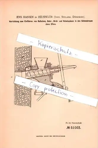 Original Patent - Jens Hansen in Helsingör , Insel Seeland , Dänemark , 1889 , Giesserei und Formerrei!!!