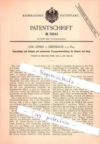 Original Patent - Chr. Zinser in Ebersbach a. d. Fils , 1893 , Transportvorrichtung für Cement , Eisenbahn!!!