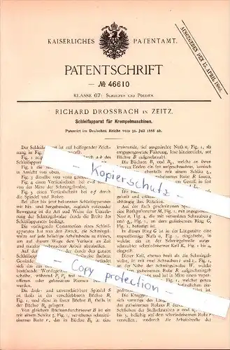 Original Patent - Richard Drossbach in Zeitz , 1888 , Schleifapparat für Krempelmaschinen !!!