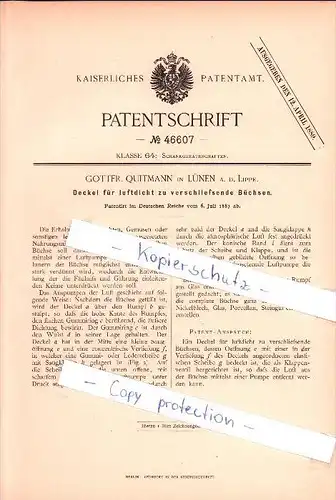 Original Patent - Gottfr. Quitmann in Lünen a. d. Lippe , 1887 ,  Deckel für luftdicht zu verschließende Büchsen!!!