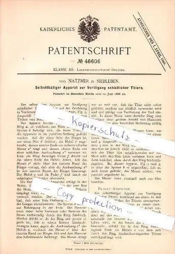 Original Patent - von Natzmer in Siebleben b. Gotha , 1888, Apparat zur Vertilgung schädlicher Thiere !!!