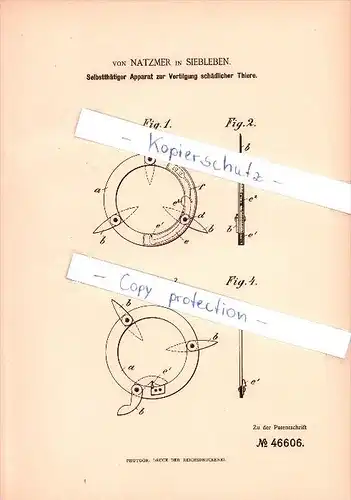 Original Patent - von Natzmer in Siebleben b. Gotha , 1888, Apparat zur Vertilgung schädlicher Thiere !!!