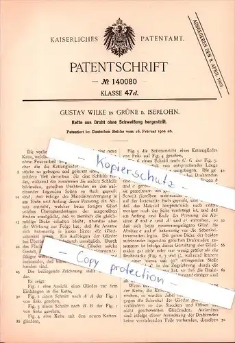 Original Patent - Gustav Wilke in Grüne b. Iserlohn , 1902 , Kette aus Draht ohne Schweißung hergestellt !!!