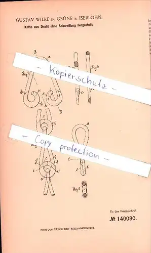 Original Patent - Gustav Wilke in Grüne b. Iserlohn , 1902 , Kette aus Draht ohne Schweißung hergestellt !!!